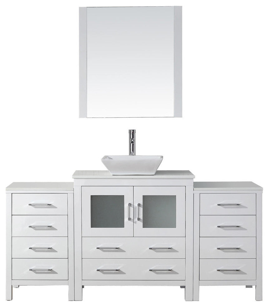 Virtu Dior 68" Single Bathroom Vanity, White With White Top, Faucet and Mirror