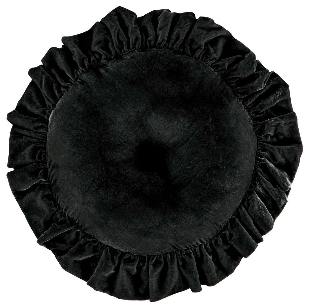 Stella Faux Silk Velvet Ruffled Round Pillow, 18", Black