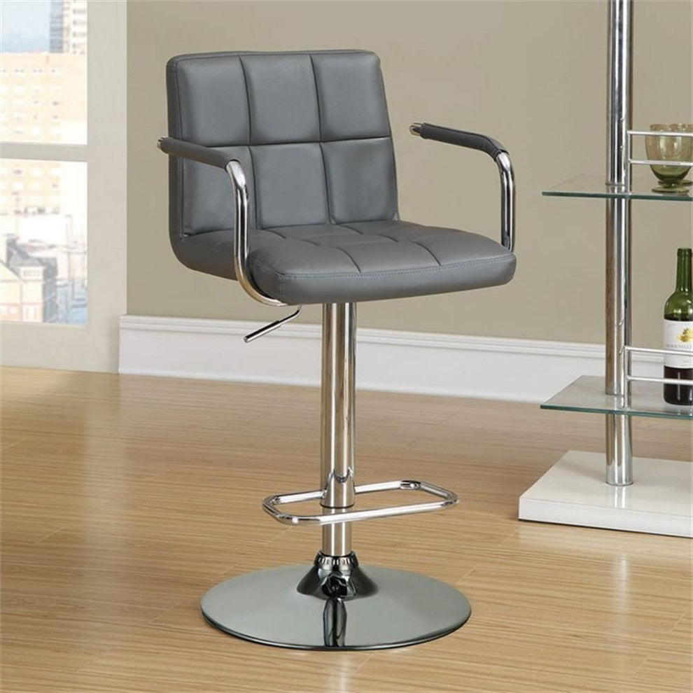 Adjustable Height Bar Stool With Grid Leatherette Upholstery, Gray
