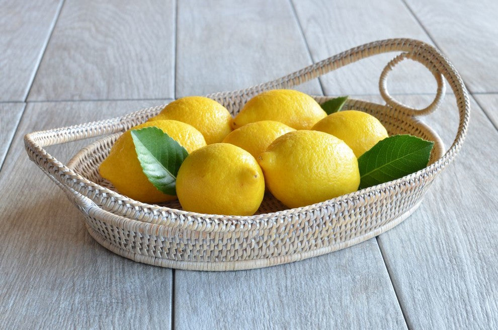 La Jolla Oval Rattan Tray With Looped Handles, White-Wash
