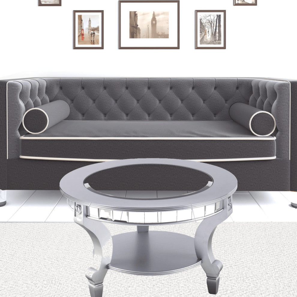 29" Silver Mirrored And Metal Round Mirrored Coffee Table