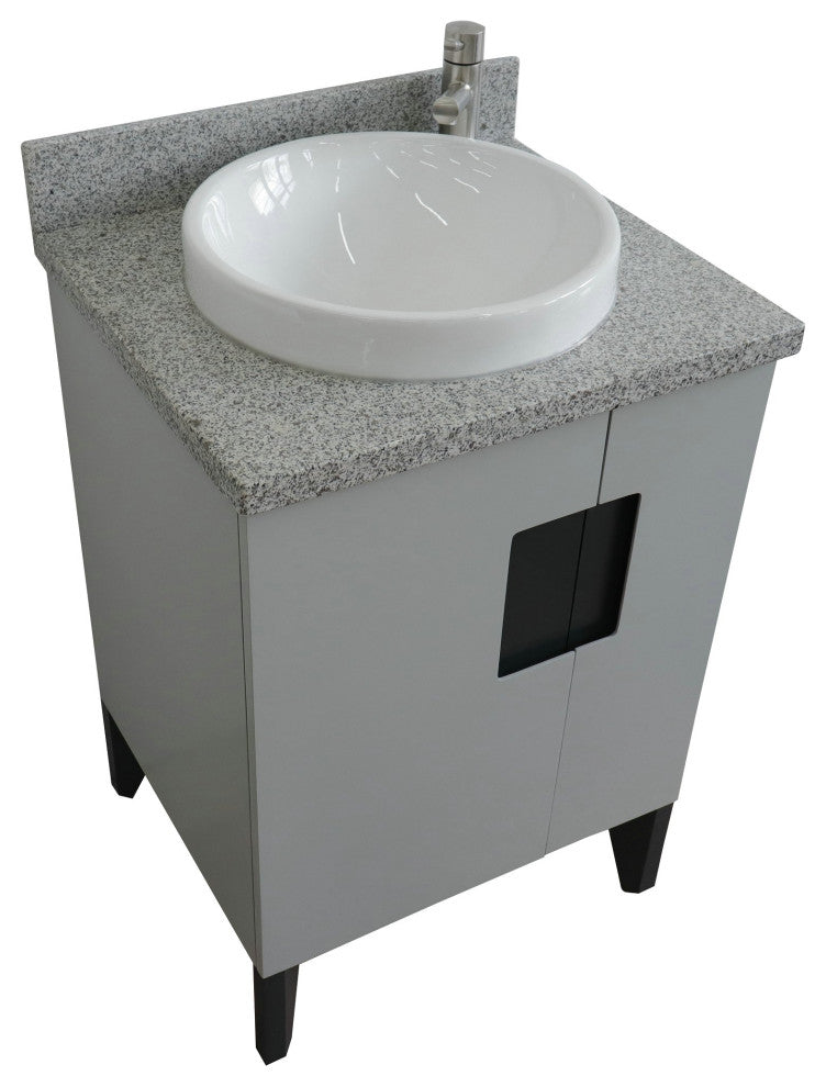 25" Single Sink Vanity, Light Gray Finish With Gray Granite And Round Sink