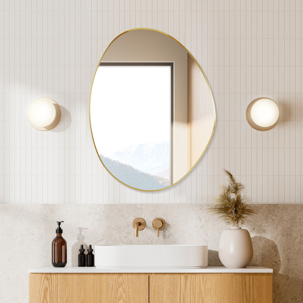 Aura Irregular Framed Bathroom Wall Mirror, Brushed Gold, 27"