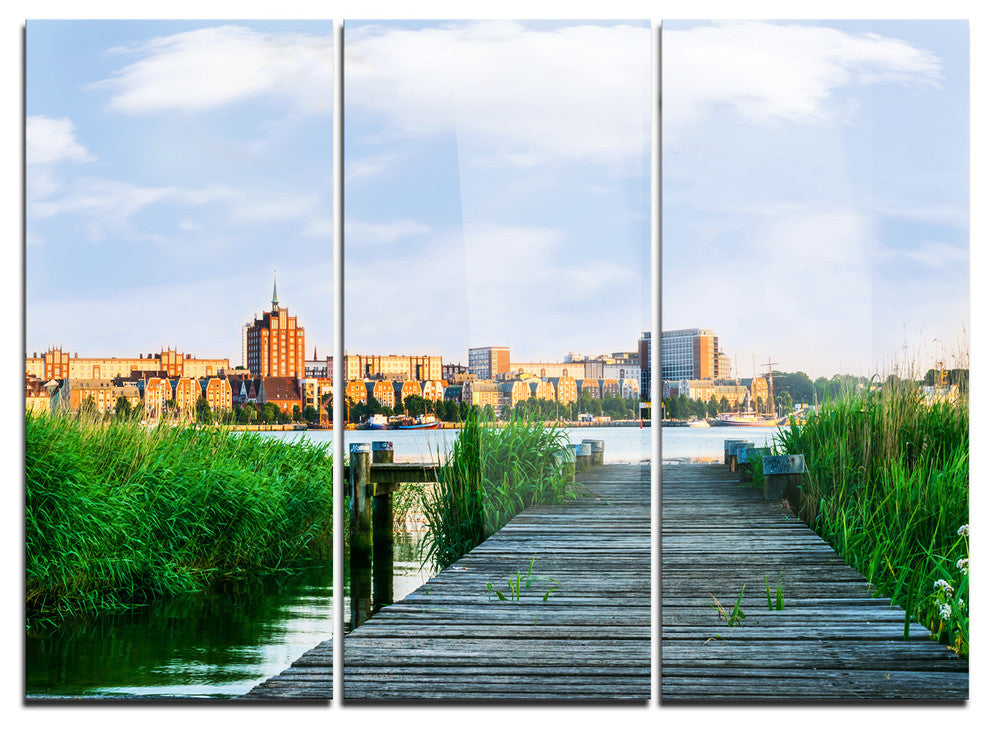 "Wooden Bridge to River Warnow" Metal Wall Art, 3 Panels, 36"x28"
