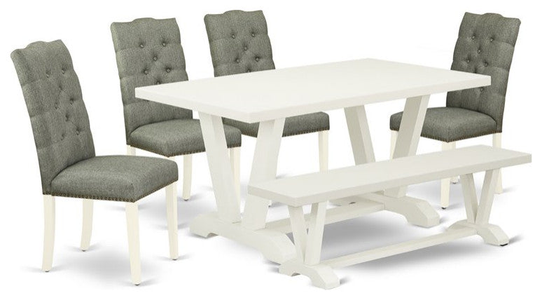 6-Piece Set, Smoke, Seat Chairs, Bench and Top Table, Linen White/Linen White