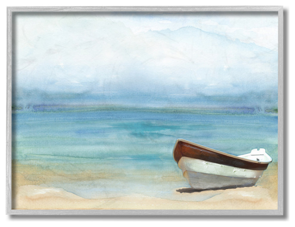 Lake Boat Landscape Blue Green Watercolor Painting, 11"x14", Gray Frame