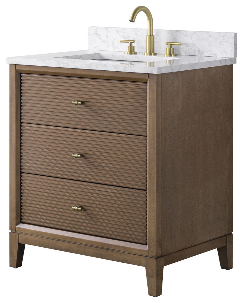 Vanity Art Bathroom Vanity with Engineered Marble Top and Sink, Walnut, 30", Golden Brushed