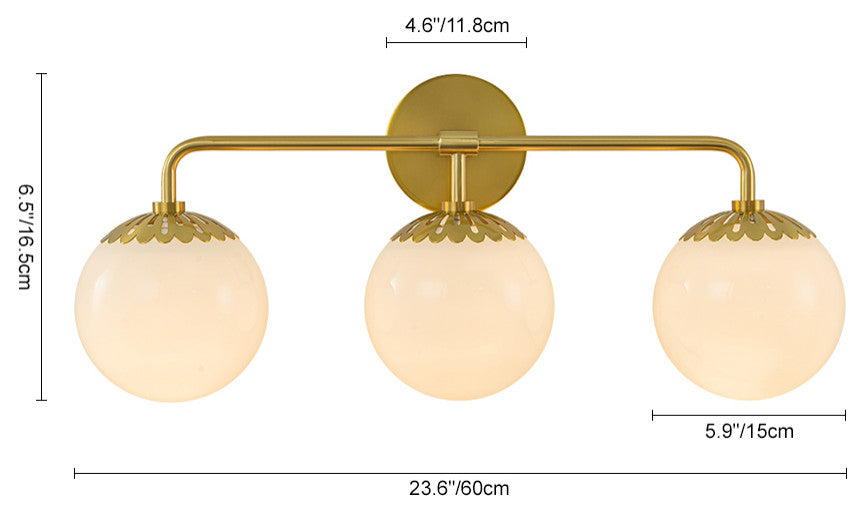 Brass 3-Light Flower Milky Glass Globe Vanity Wall Light