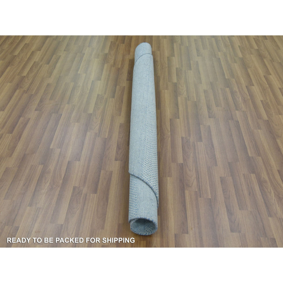 Blue, Wool and Silk Hand Knotted, Modern Grass Design Round Rug, 5'10"x5'10"