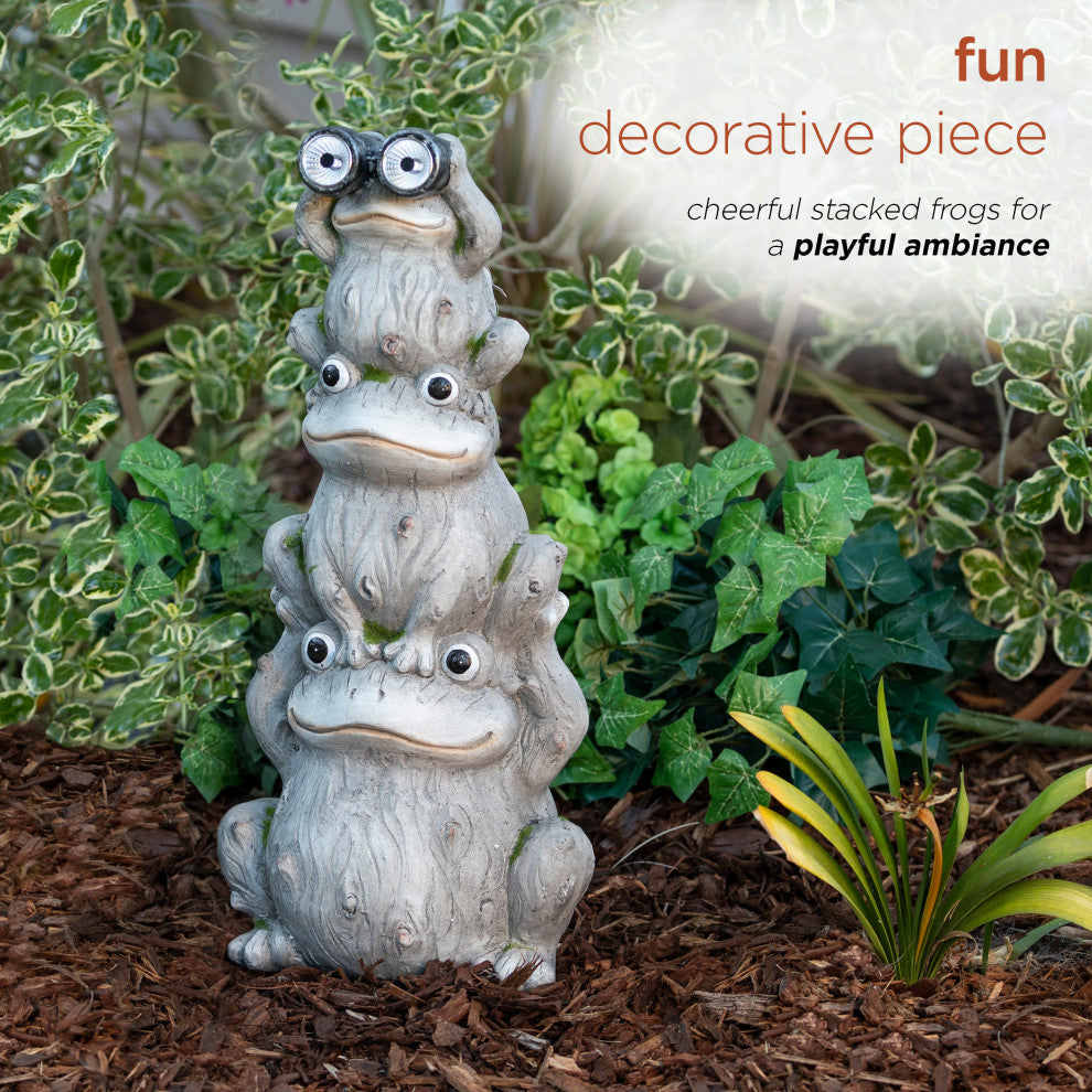 Alpine Solar Three Stack Frogs Statue with LED Light, 24"