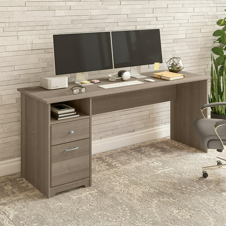Transitional Desk, Large Rectangular Top With Open Shelf & Drawers, Ash Gray