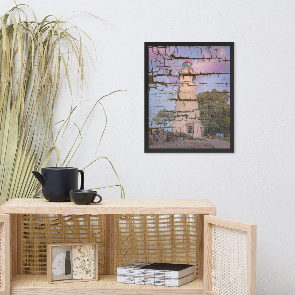 Faux Wood Texture Marblehead Lighthouse at Sunset Framed Photo Wall Art Print, Black, 16" X 20"