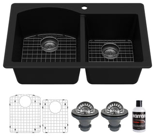 Karran Drop-In Quartz 33" 1-Hole 60/40 Double Bowl Sink Kit, Black