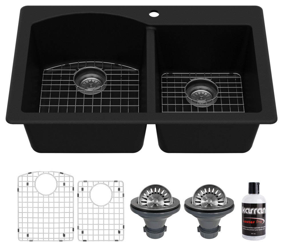 Karran Drop-In Quartz 33" 1-Hole 60/40 Double Bowl Sink Kit, Black