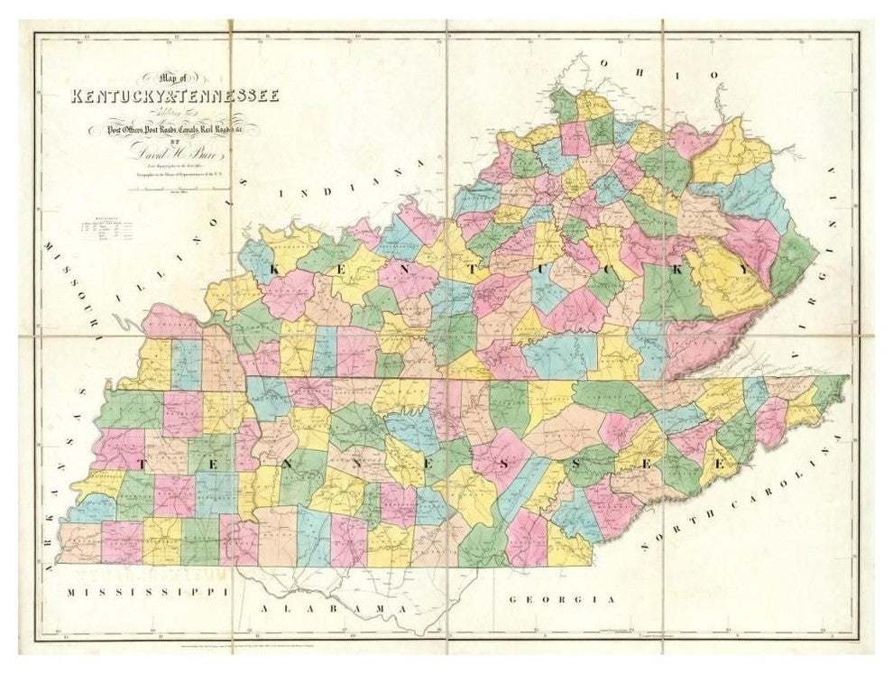 "Map of Kentucky & Tennessee, 1839" Print by David H. Burr, 46"x35"