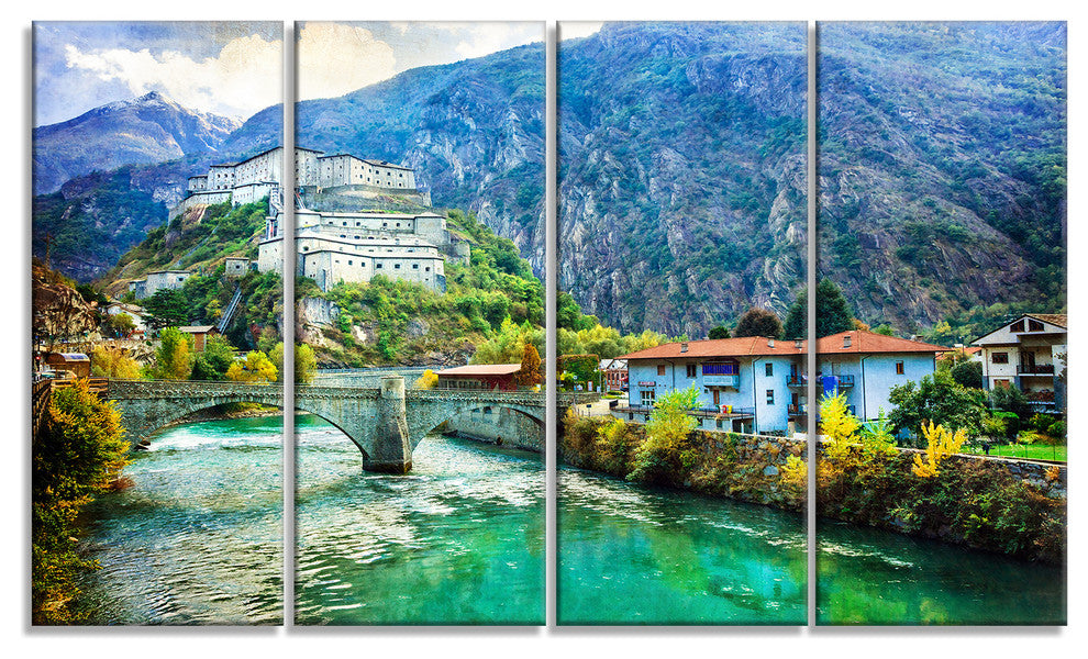 Valle d Aosta Castles Italy, Landscape Canvas Art Print, 48"x28", 4 Panels