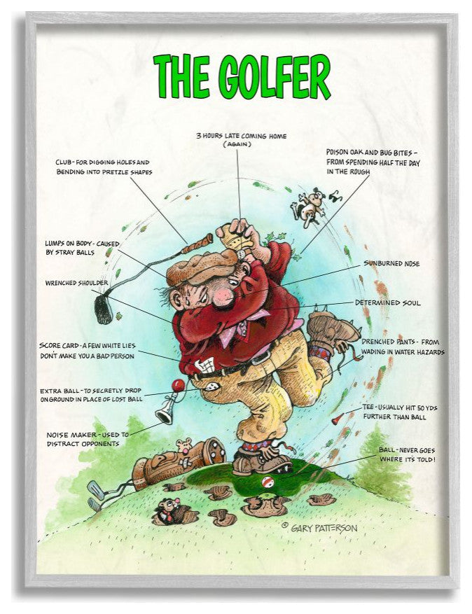 Stupell Industries The Golfer Funny Golf Cartoon Sports Design, 11"x14", Gray