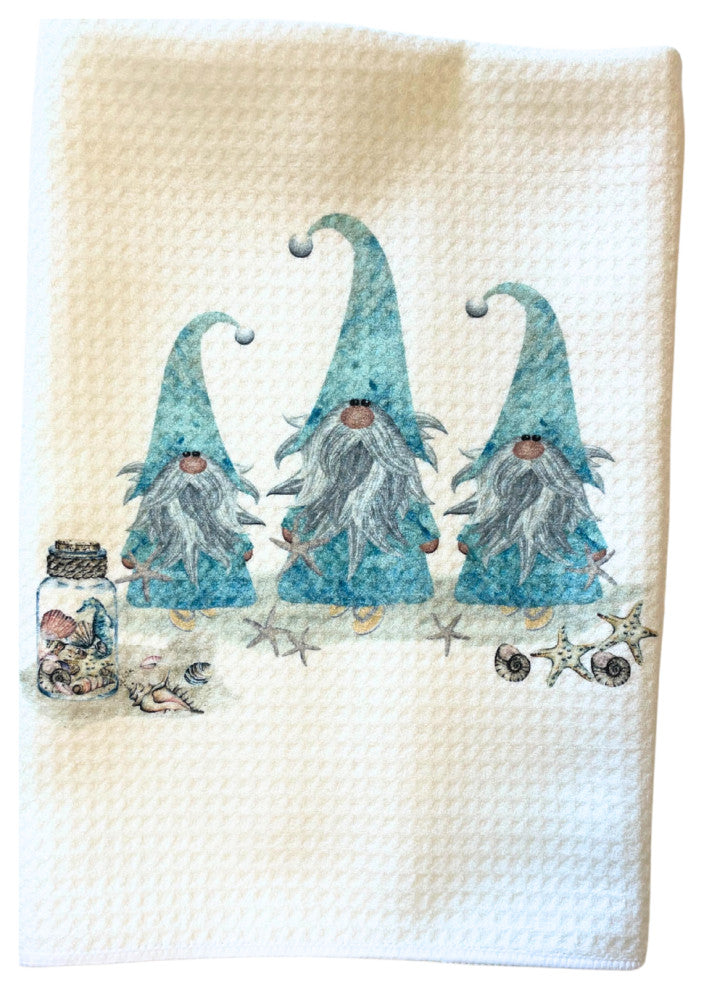 Gnomes Collecting Shells Coastal Microfiber Waffle Weave Kitchen Dish Towel