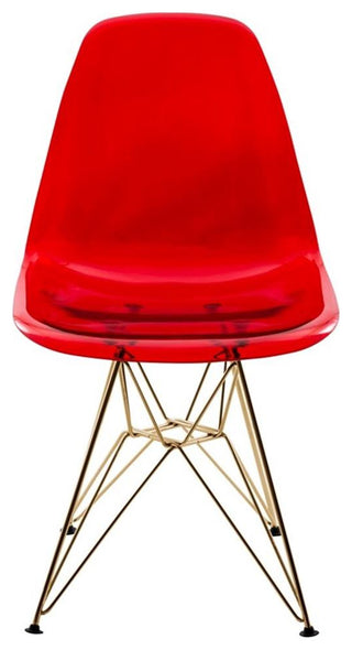 LeisureMod Cresco Plastic Dining Chair with Gold Base Set of 4 Transparent Red