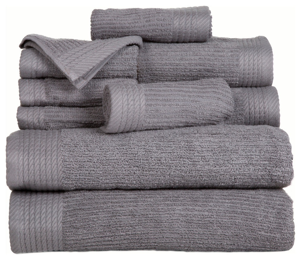 10-Piece Bath Towel Set 100% Cotton Ribbed Pile Absorbent Towels, Silver