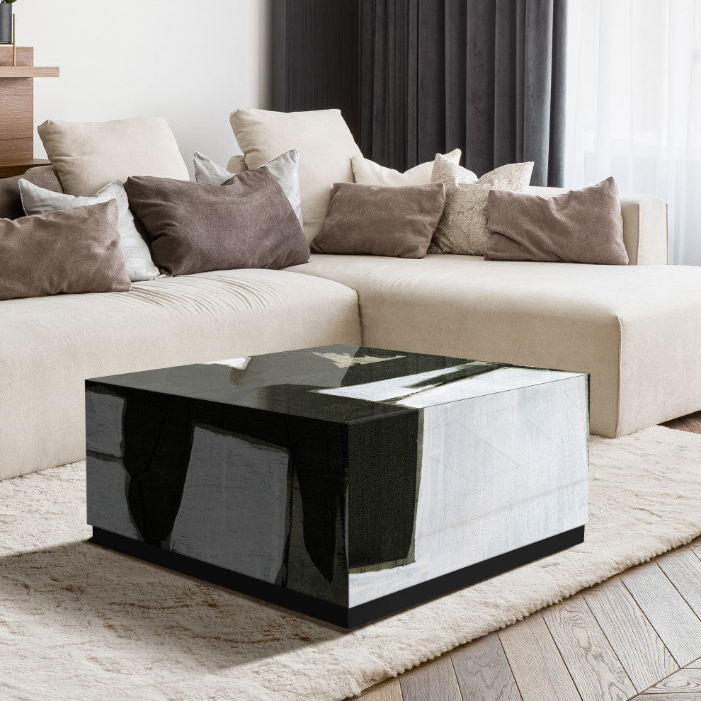 "Ode an Kline III" Reverse Printed Glass Cocktail Table with Black Plinth Base