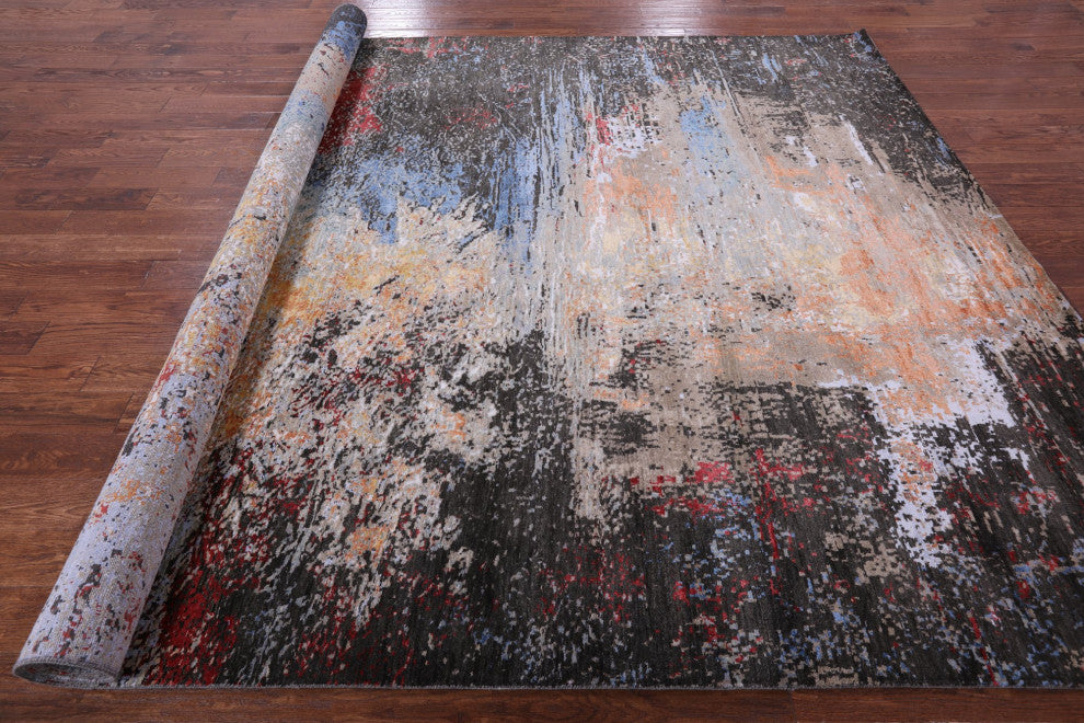 9' 1" X 12' 1" Wool and Silk Abstract Hand-Knotted Rug Q8868