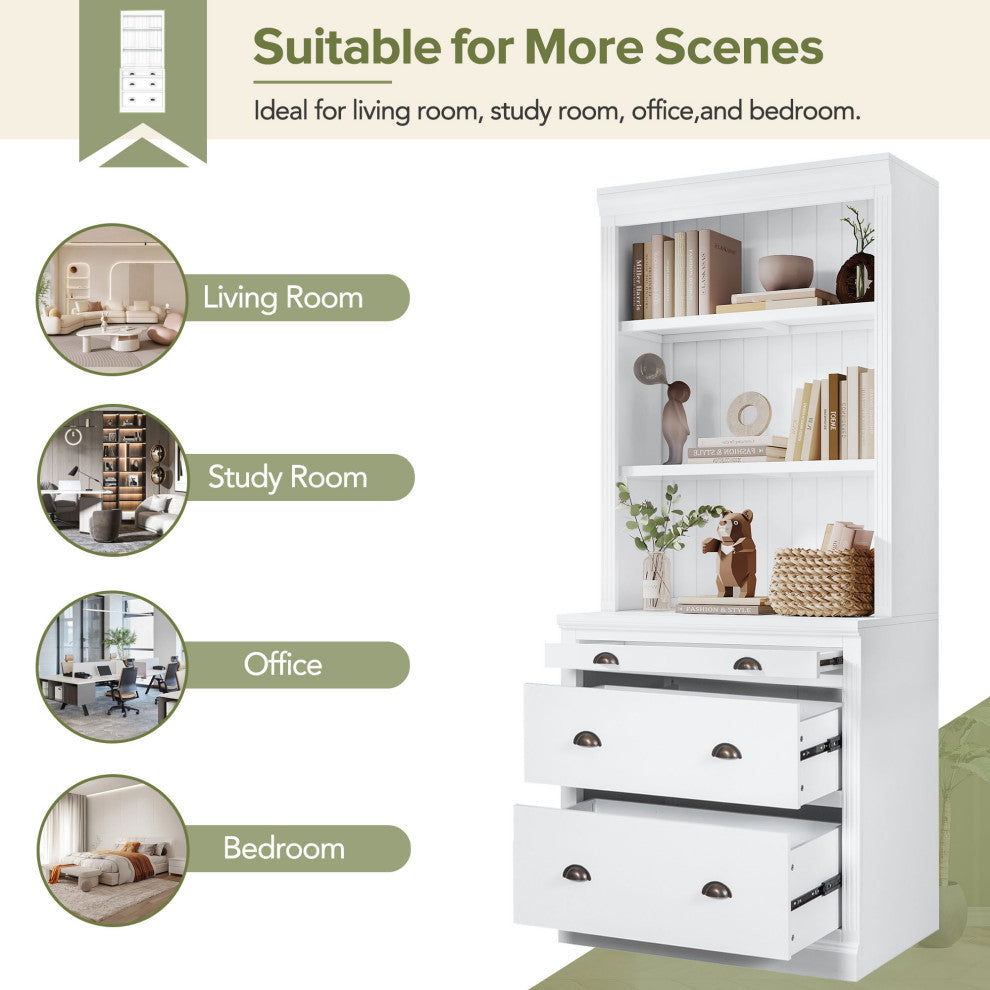 Modern Tall Bookshelf, LED Lighting for Living Room, White