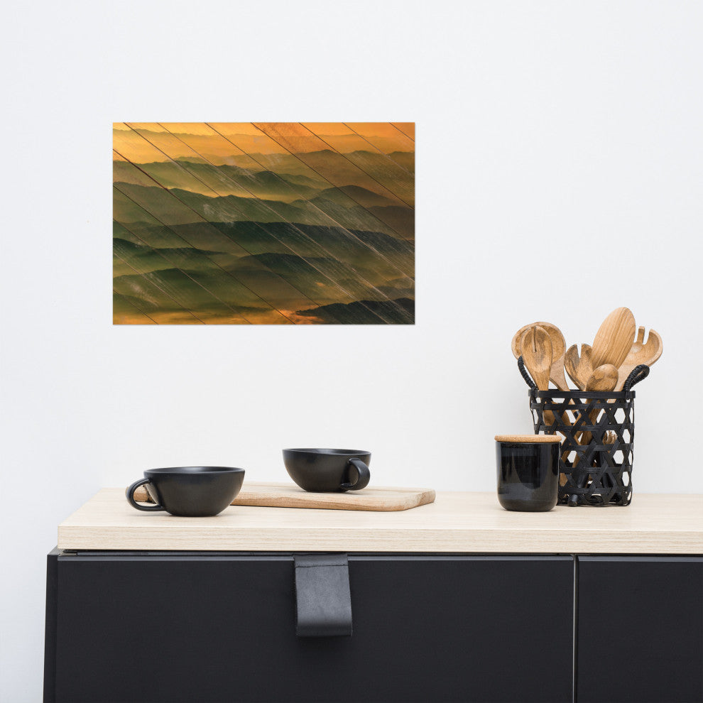 Faux Wood Foggy Mountain Layers at Sunset Landscape Unframed Wall Art Prints, 12" X 18"