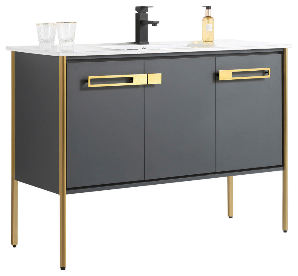 Oakville Bath Vanity, Ceramic Sink, Onix Grey, 48 Inch, Satin Brass Hardware
