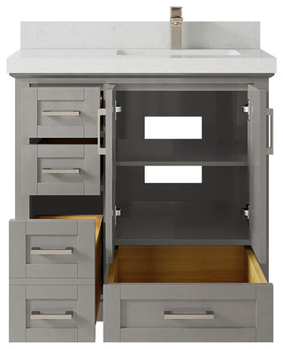 Boston 36 Right Offset Bath Vanity in Elephant Skin Gray 2" Carrara Quartz