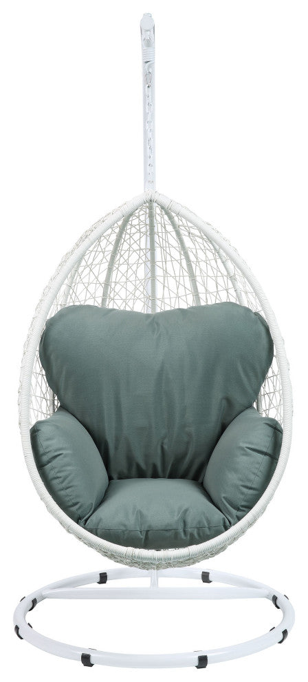 38" White Metal Swing Chair With Green Cushion