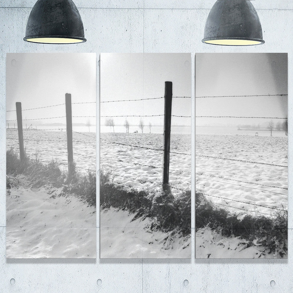 "Landscape in Snow With Fence" Oversized Beach Metal Wall Art, 3 Panels, 36"x28"