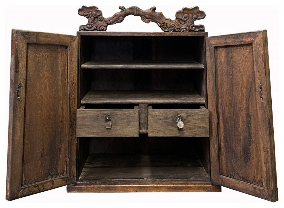 Chinese Distressed Wood RuYi Relief Motif Carved Drawers Box Chest Hws3050