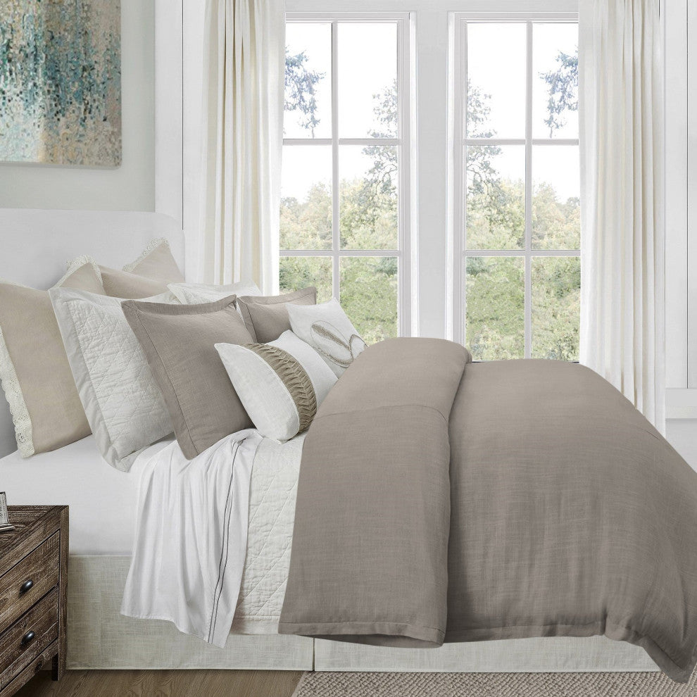 Hera Washed Linen Flange Comforter Set, 3 Piece, Taupe, Queen