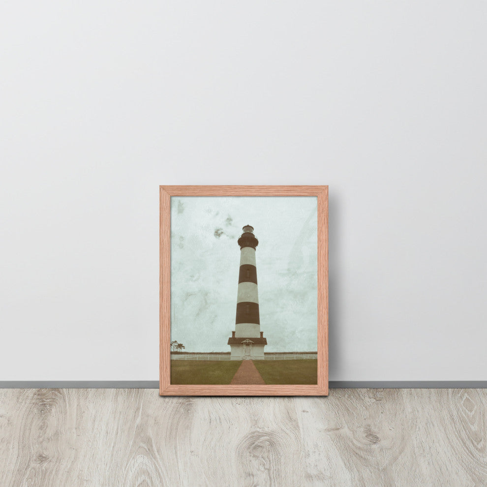 Aged Bodie Lighthouse Landscape Framed Photo Paper Wall Art Prints, Red Oak, 11" X 14"