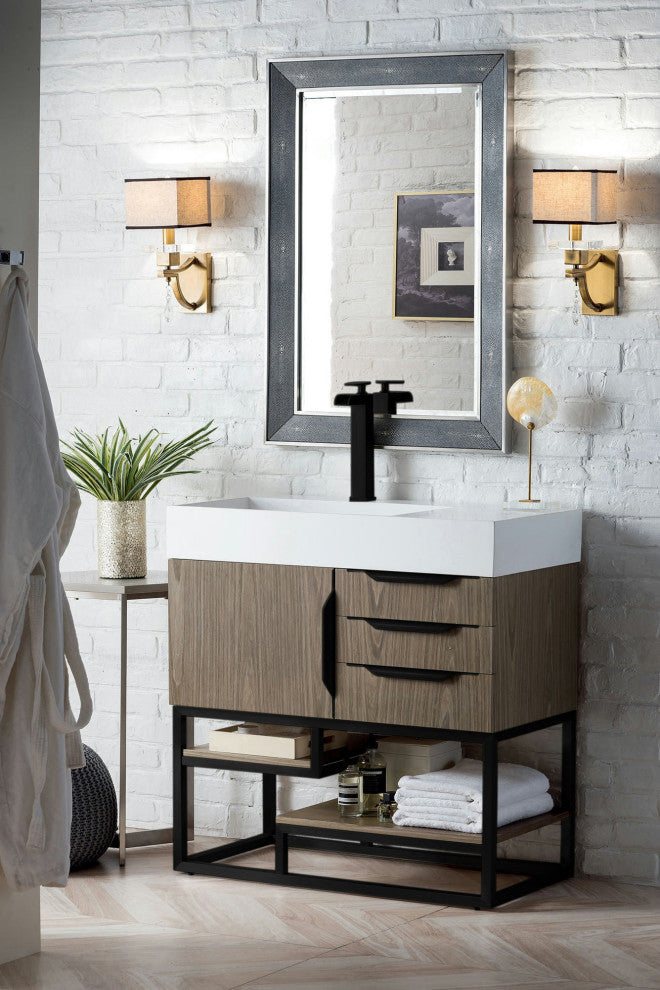 Columbia 36" Single Vanity, Ash Gray, Matte Black, Glossy White Composite Top