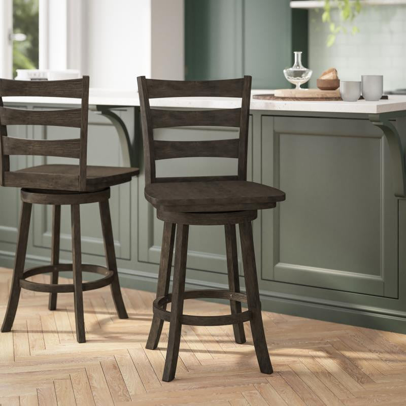 Liesel Ladderback Swivel Counter Height Barstool with Solid Wood Seat, Gray Wash Walnut