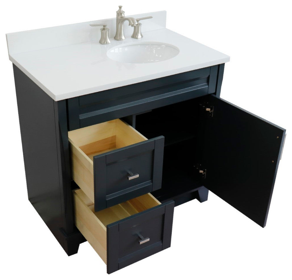 37" Single Sink Vanity, Dark Gray Finish With White Engineered Stone Top