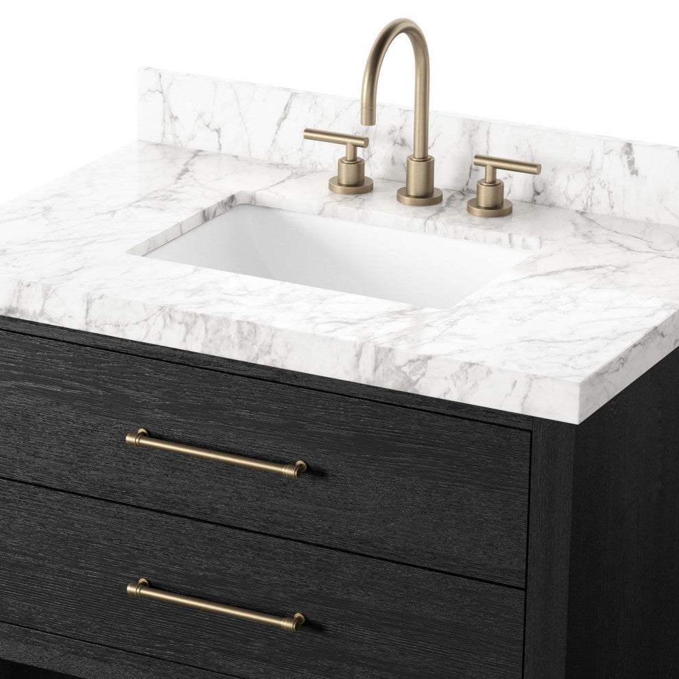 Anthem Single Vanity 36", Carrara Marble, Black Wash Oak Veneer, Brushed Brass