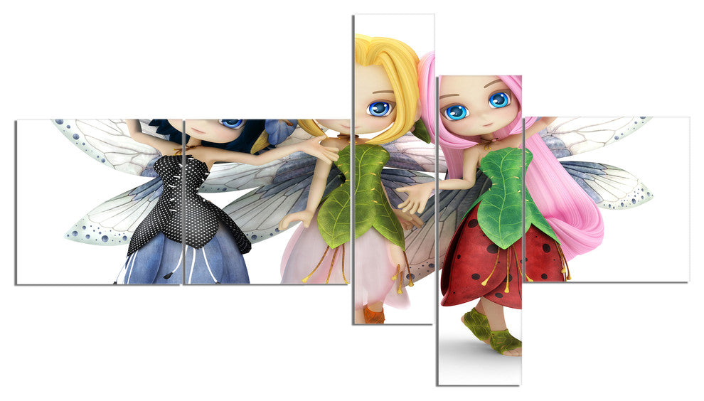 Fairy Friends Posing Together, Abstract Portrait Canvas Print, 60"x32", 5 panels