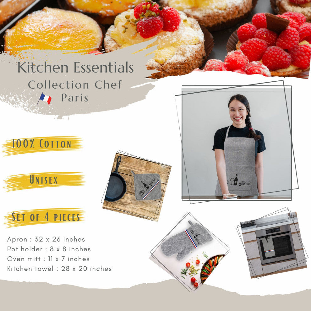 4-Piece Geometric Kitchen Set, Apron Oven Mitt Towel and Pot Holder, Paris