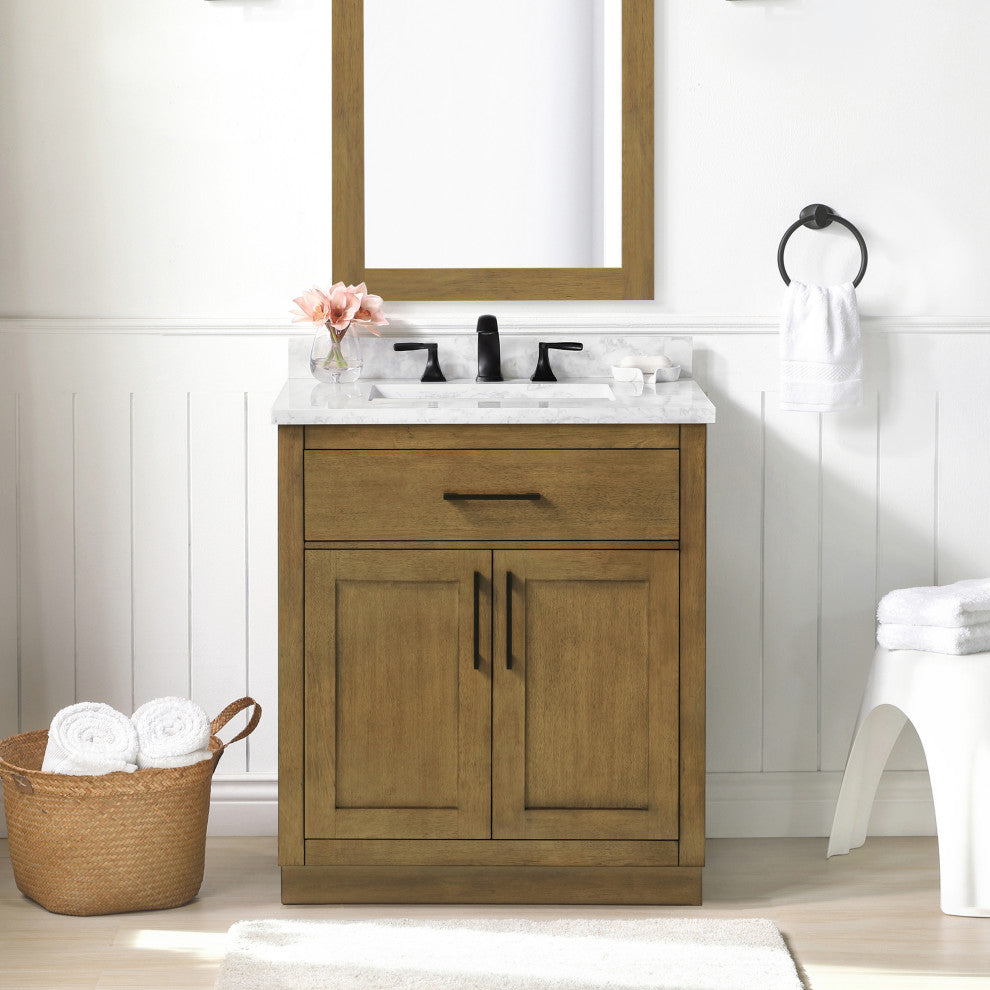 OVE Decors Athea 30" Vanity, Brushed Nickel, Extra Black Hardware, Almond Latte