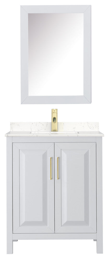 30"SGL Vanity White, Light-Vein Carrara Cult. Top, Sink, Med. Cabinet, Gold Trim