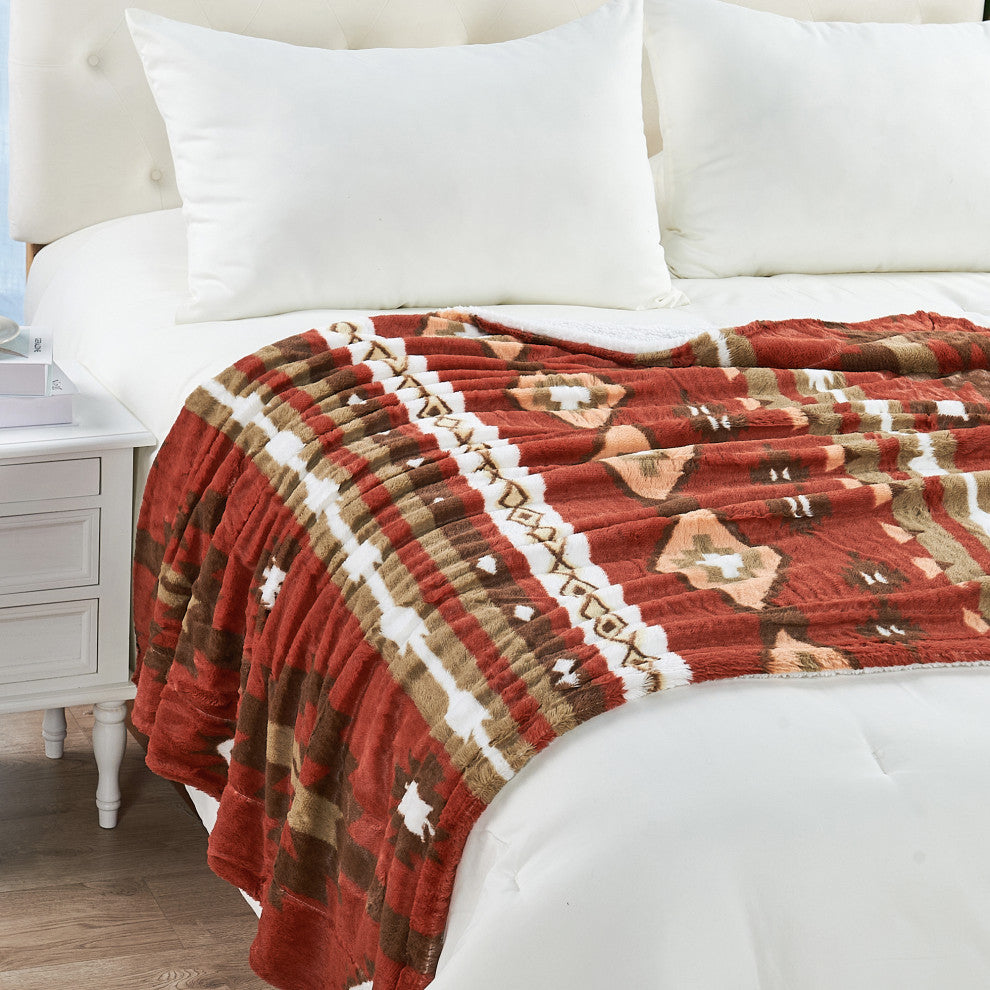Southwest Faux Fur & Sherpa Backing Throw Blanket, Brick Red, 50" X 60"