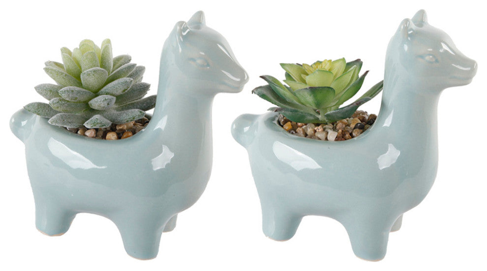 Set Of 2 Teal Ceramic Llama Succ  5.5"