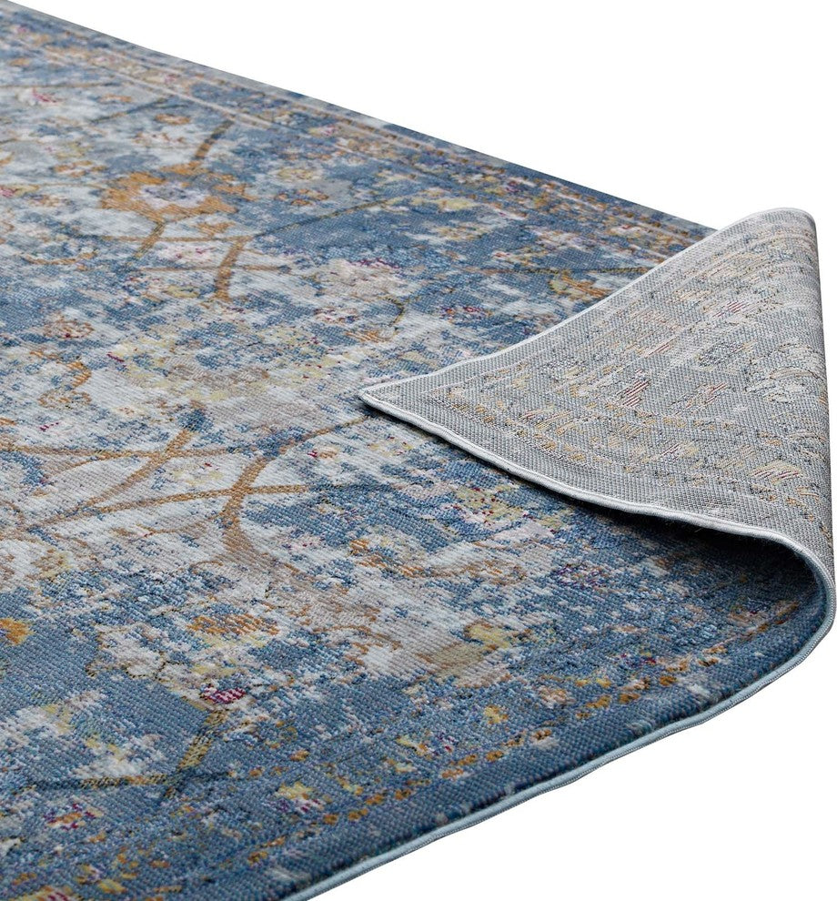 Blue Gray, Yellow and Orange Minu Distressed Floral Lattice 8x10 Area Rug