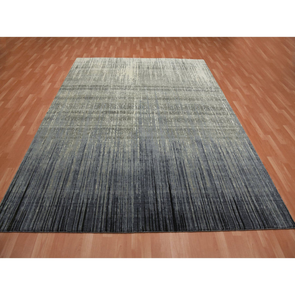 Blue/Gray Modern Ombre Design Hand Knotted Pure Wool Oriental Rug, 8'0"x10'3"