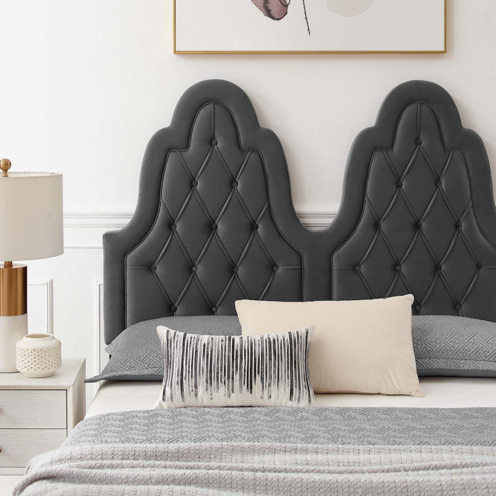 Tufted Platform Bed Frame, King Size, Velvet, Gray, Modern Contemporary
