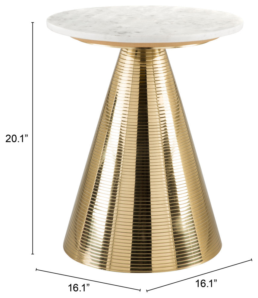 Sofa Side Table, Round, Artificial Marble, Aluminum Metal, White, Gold, Lounge