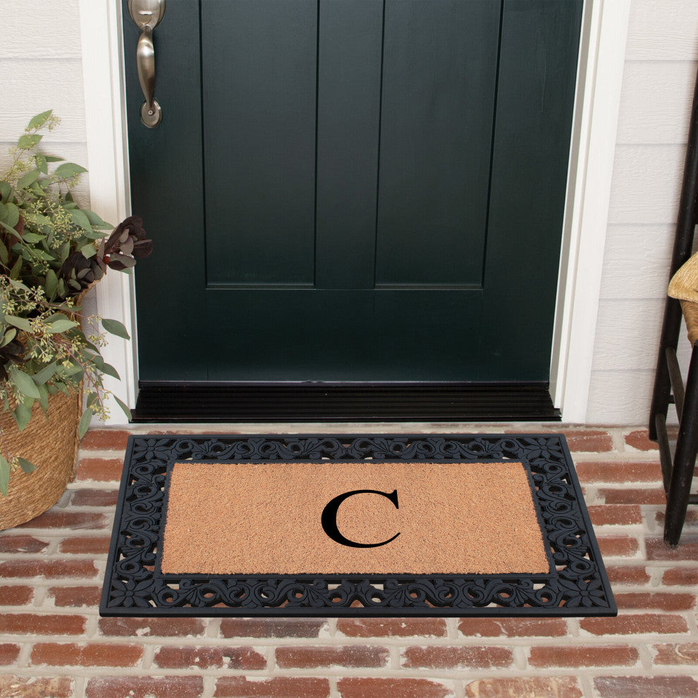 A1HC Rubber & Coir Floral Outdoor Durable Monogram Doormat 18"x30", Black, C